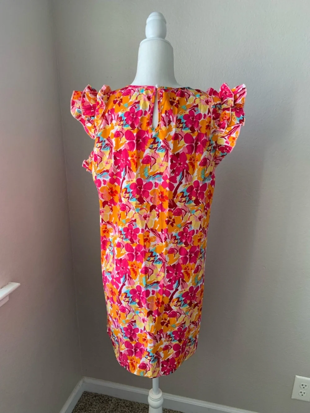 SHEIN Pink & Yellow Floral Ruffle Sleeve Casual Dress - Picture 4 of 6